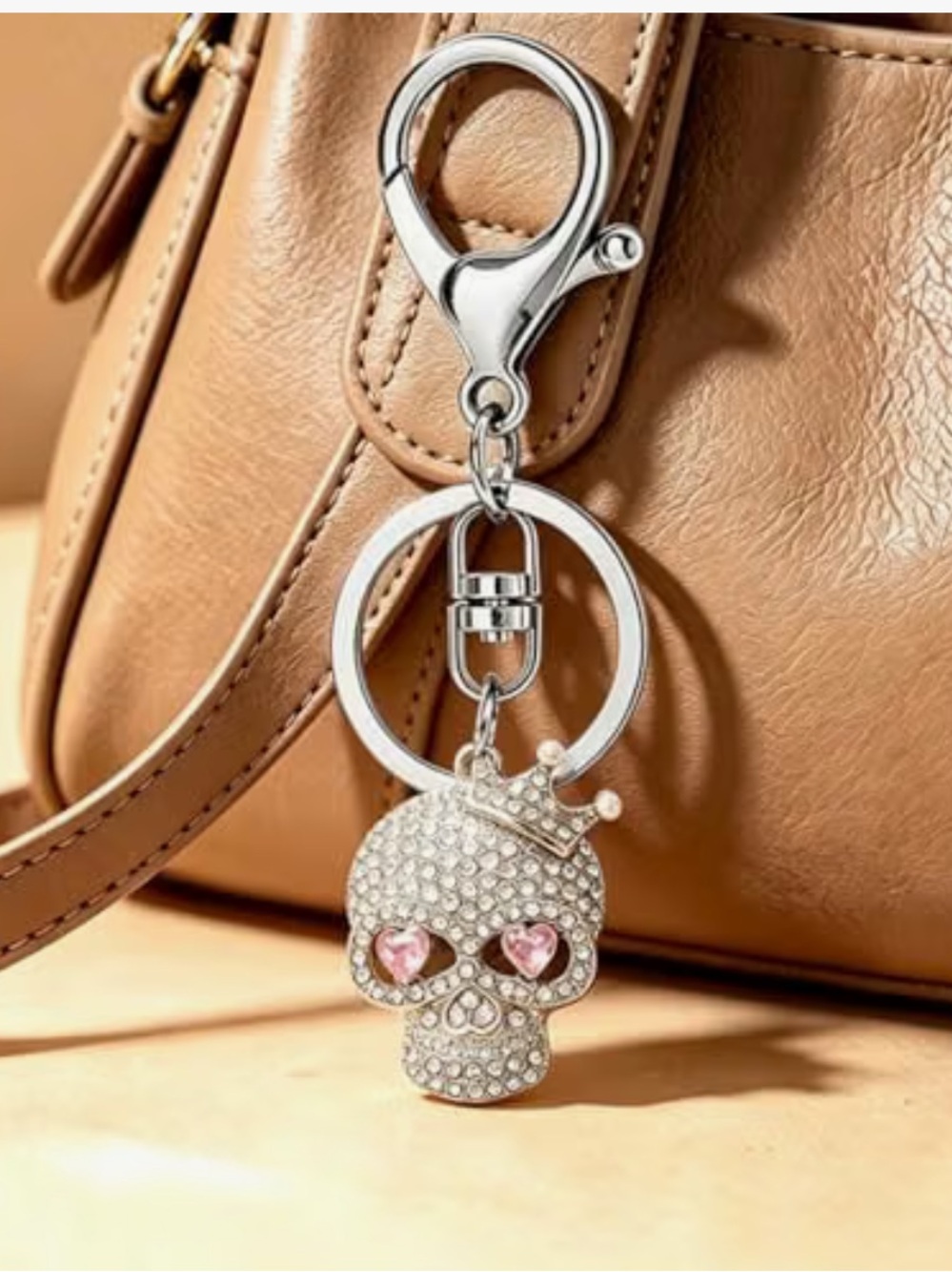 Crystal Skull Keychain with Pink Gem Eyes  and silver hardware- bag charm new